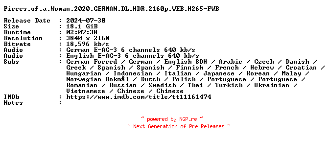 NFO for the release Pieces.of.a.Woman.2020.GERMAN.DL.HDR.2160p.WEB.H265-FWB by FWB