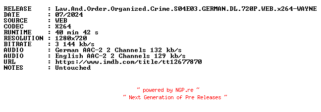 NFO for the release Law.And.Order.Organized.Crime.S04E03.GERMAN.DL.720P.WEB.x264-WAYNE by WAYNE