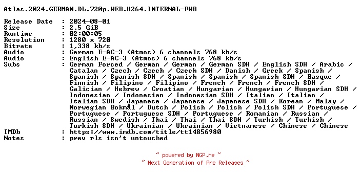 NFO for the release Atlas.2024.GERMAN.DL.720p.WEB.H264.INTERNAL-FWB by FWB