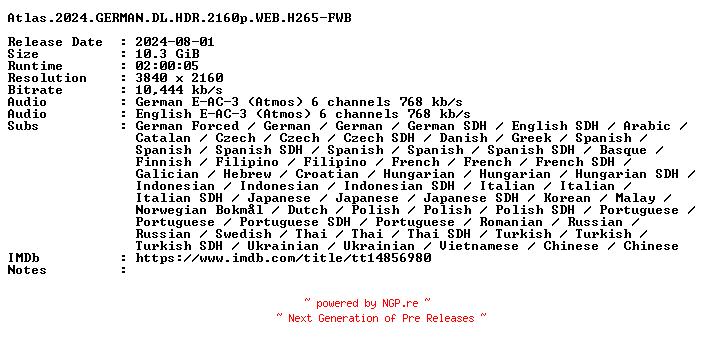 NFO for the release Atlas.2024.GERMAN.DL.HDR.2160p.WEB.H265-FWB by FWB