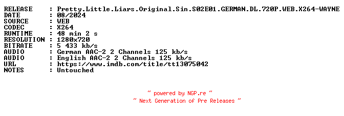 NFO for the release Pretty.Little.Liars.Original.Sin.S02E01.GERMAN.DL.720P.WEB.X264-WAYNE by WAYNE