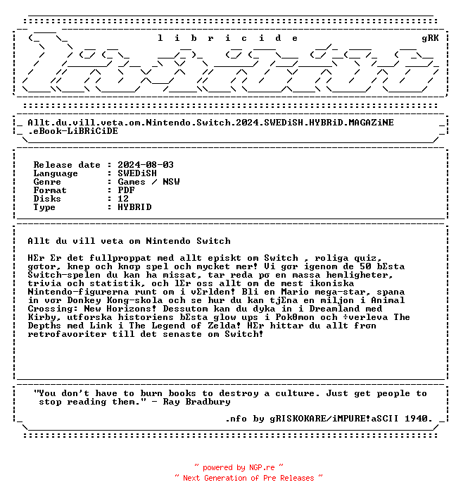 NFO for the release Allt.du.vill.veta.om.Nintendo.Switch.2024.SWEDiSH.HYBRiD.MAGAZiNE.eBook-LiBRiCiDE by LiBRiCiDE