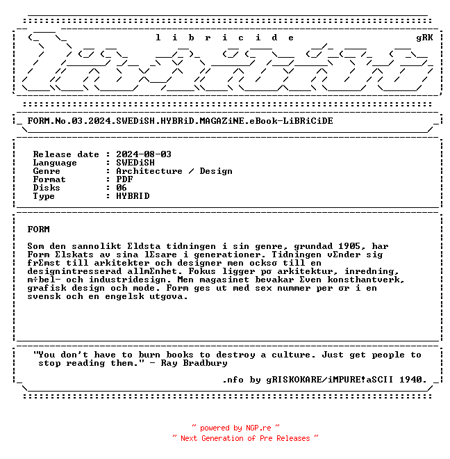 NFO for the release FORM.No.03.2024.SWEDiSH.HYBRiD.MAGAZiNE.eBook-LiBRiCiDE by LiBRiCiDE