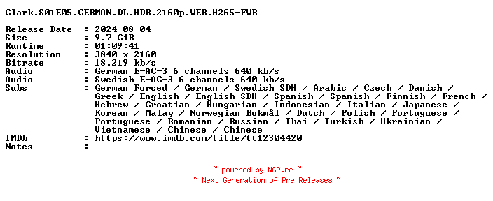 NFO for the release Clark.S01E05.GERMAN.DL.HDR.2160p.WEB.H265-FWB by FWB