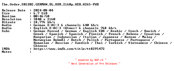 NFO for the release The.Order.S01E02.GERMAN.DL.HDR.2160p.WEB.H265-FWB by FWB