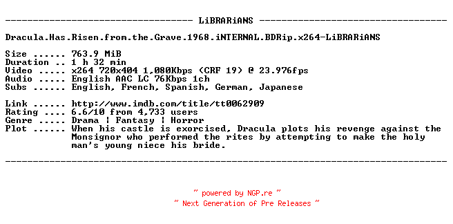 NFO for the release Dracula.Has.Risen.from.the.Grave.1968.iNTERNAL.BDRip.x264-LiBRARiANS by LiBRARiANS