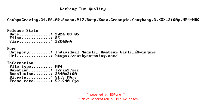 NFO for the release CathysCraving.24.06.09.Scene.917.Rory.Knox.Creampie.Gangbang.3.XXX.2160p.MP4-NBQ by NBQ