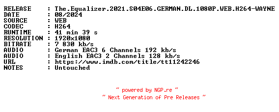 NFO for the release The.Equalizer.2021.S04E06.GERMAN.DL.1080P.WEB.H264-WAYNE by WAYNE