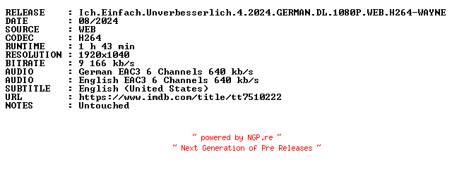 NFO for the release Ich.Einfach.Unverbesserlich.4.2024.GERMAN.DL.1080P.WEB.H264-WAYNE by WAYNE