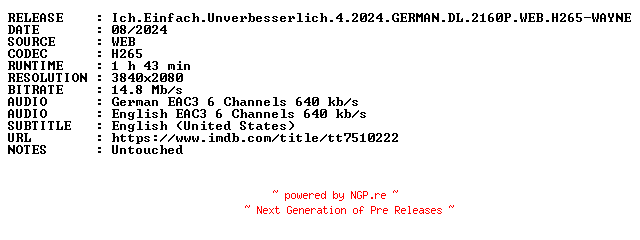 NFO for the release Ich.Einfach.Unverbesserlich.4.2024.GERMAN.DL.2160P.WEB.H265-WAYNE by WAYNE