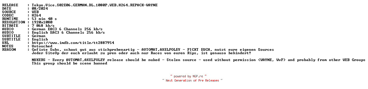 NFO for the release Tokyo.Vice.S02E06.GERMAN.DL.1080P.WEB.H264.REPACK-WAYNE by WAYNE