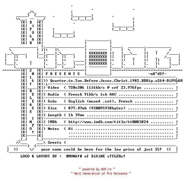 NFO for the release Quarter.to.Two.Before.Jesus.Christ.1982.BDRip.x264-BiPOLAR by BiPOLAR