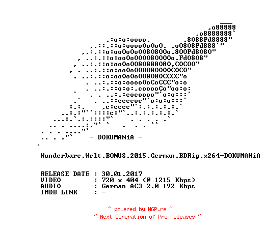 NFO for the release Wunderbare.Welt.BONUS.2015.German.BDRip.x264-DOKUMANiA by DOKUMANiA