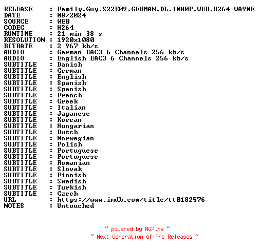NFO for the release Family.Guy.S22E09.GERMAN.DL.1080P.WEB.H264-WAYNE by WAYNE