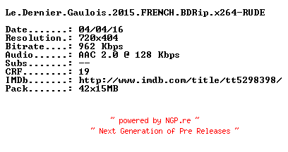 NFO for the release Le.Dernier.Gaulois.2015.FRENCH.BDRip.x264-RUDE by RUDE