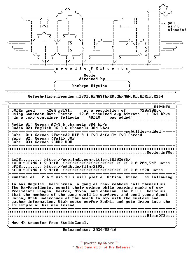 NFO for the release Gefaehrliche.Brandung.1991.REMASTERED.GERMAN.DL.BDRIP.X264-WATCHABLE by WATCHABLE