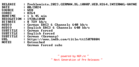 NFO for the release Problemista.2023.GERMAN.DL.1080P.WEB.H264.INTERNAL-WAYNE by WAYNE