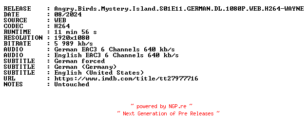 NFO for the release Angry.Birds.Mystery.Island.S01E11.GERMAN.DL.1080P.WEB.H264-WAYNE by WAYNE
