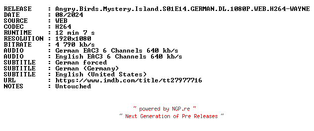 NFO for the release Angry.Birds.Mystery.Island.S01E14.GERMAN.DL.1080P.WEB.H264-WAYNE by WAYNE