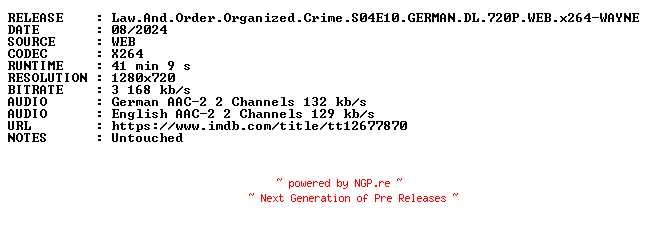 NFO for the release Law.And.Order.Organized.Crime.S04E10.GERMAN.DL.720P.WEB.x264-WAYNE by WAYNE