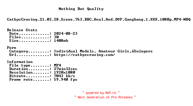 NFO for the release CathysCraving.21.03.28.Scene.763.BBC.Anal.And.DVP.Gangbang.1.XXX.1080p.MP4-NBQ by NBQ