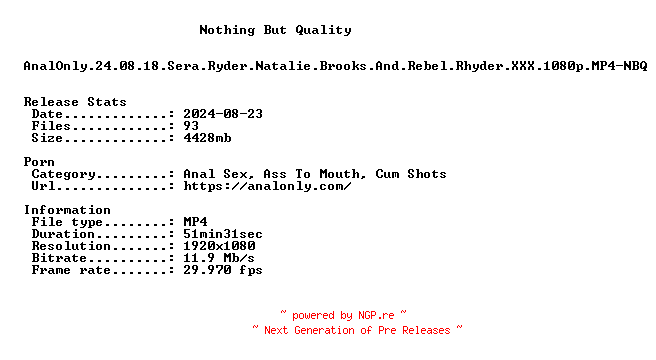 NFO for the release AnalOnly.24.08.18.Sera.Ryder.Natalie.Brooks.And.Rebel.Rhyder.XXX.1080p.MP4-NBQ by NBQ