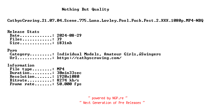NFO for the release CathysCraving.21.07.04.Scene.775.Luna.Lovley.Pool.Fuck.Fest.2.XXX.1080p.MP4-NBQ by NBQ
