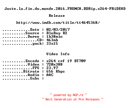 NFO for the release Juste.la.fin.du.monde.2016.FRENCH.BDRip.x264-PRiDEHD by PRiDEHD