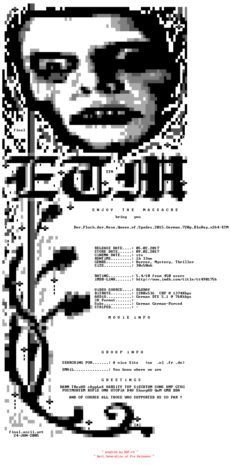 NFO for the release Der.Fluch.der.Hexe.Queen.of.Spades.2015.German.720p.BluRay.x264-ETM by ETM