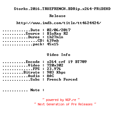 NFO for the release Storks.2016.TRUEFRENCH.BDRip.x264-PRiDEHD by PRiDEHD