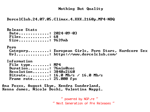 NFO for the release DorcelClub.24.07.05.Climax.4.XXX.2160p.MP4-NBQ by NBQ
