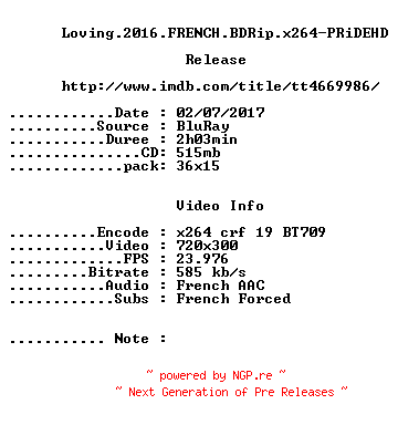 NFO for the release Loving.2016.FRENCH.BDRip.x264-PRiDEHD by PRiDEHD