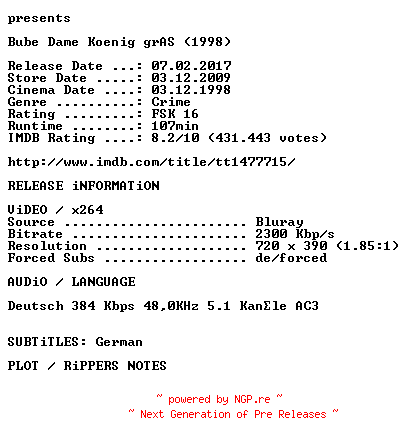 NFO for the release Bube.Dame.Koenig.Gras.German.1998.BDRip.x264.iNTERNAL-KULTFiLME by KULTFiLME