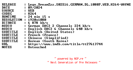 NFO for the release Lego.DreamZzz.S02E16.GERMAN.DL.1080P.WEB.H264-WAYNE by WAYNE