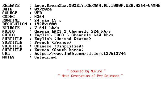 NFO for the release Lego.DreamZzz.S02E19.GERMAN.DL.1080P.WEB.H264-WAYNE by WAYNE