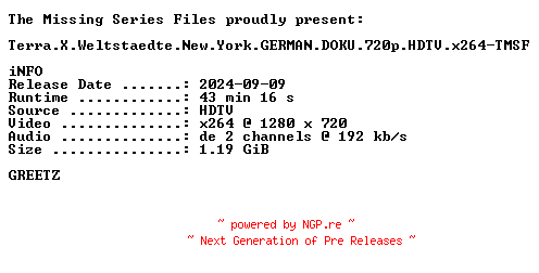 NFO for the release Terra.X.Weltstaedte.New.York.GERMAN.DOKU.720p.HDTV.x264-TMSF by TMSF