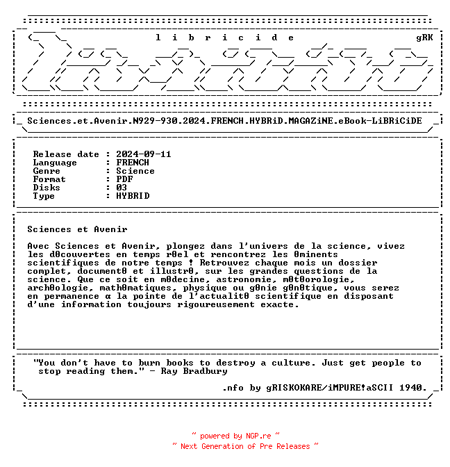 NFO for the release Sciences.et.Avenir.N929-930.2024.FRENCH.HYBRiD.MAGAZiNE.eBook-LiBRiCiDE by LiBRiCiDE