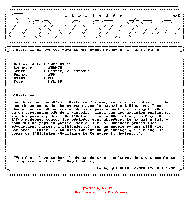 NFO for the release L.Histoire.No.521-522.2024.FRENCH.HYBRiD.MAGAZiNE.eBook-LiBRiCiDE by LiBRiCiDE