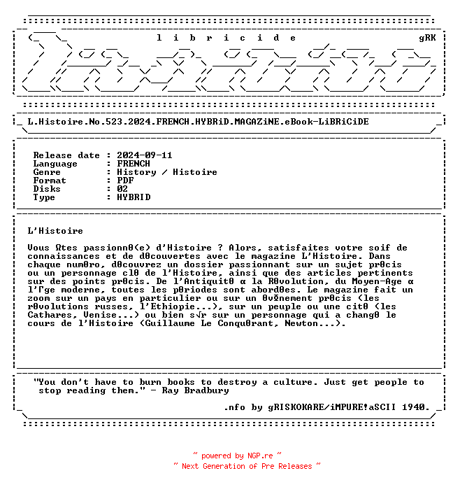 NFO for the release L.Histoire.No.523.2024.FRENCH.HYBRiD.MAGAZiNE.eBook-LiBRiCiDE by LiBRiCiDE