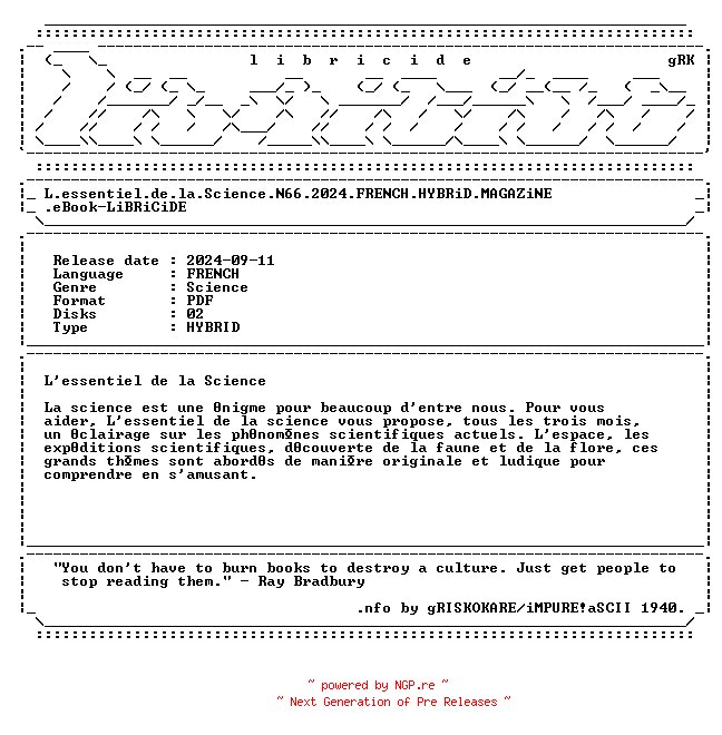 NFO for the release L.essentiel.de.la.Science.N66.2024.FRENCH.HYBRiD.MAGAZiNE.eBook-LiBRiCiDE by LiBRiCiDE