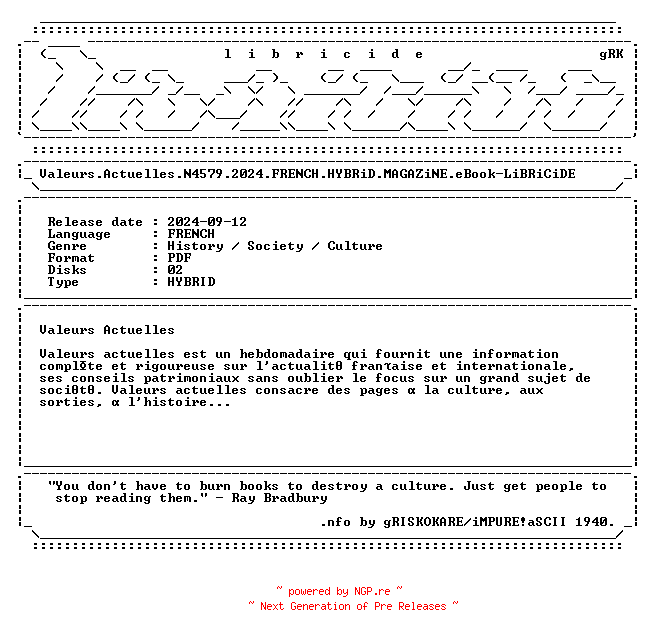 NFO for the release Valeurs.Actuelles.N4579.2024.FRENCH.HYBRiD.MAGAZiNE.eBook-LiBRiCiDE by LiBRiCiDE