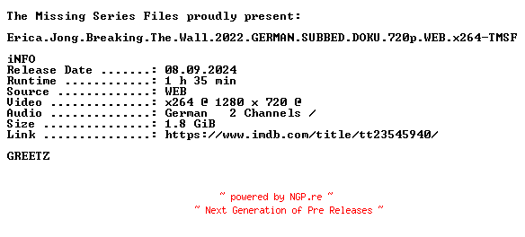 NFO for the release Erica.Jong.Breaking.The.Wall.2022.GERMAN.SUBBED.DOKU.720p.WEB.x264-TMSF by TMSF