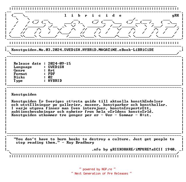 NFO for the release Konstguiden.No.03.2024.SWEDiSH.HYBRiD.MAGAZiNE.eBook-LiBRiCiDE by LiBRiCiDE