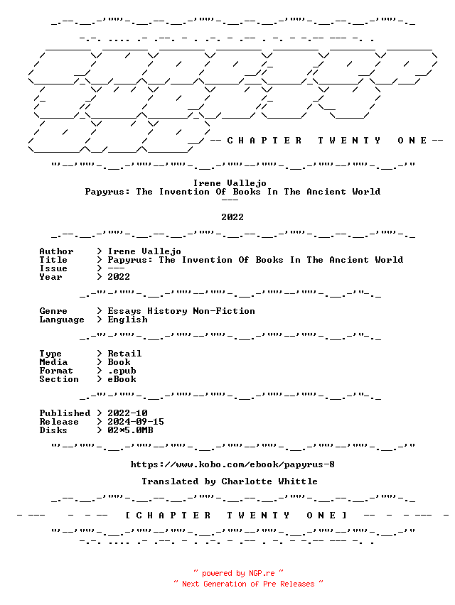 NFO for the release Irene.Vallejo.-.Papyrus.The.Invention.Of.Books.In.The.Ancient.World.2022.RETAIL.EPUB.eBook-CTO by CTO