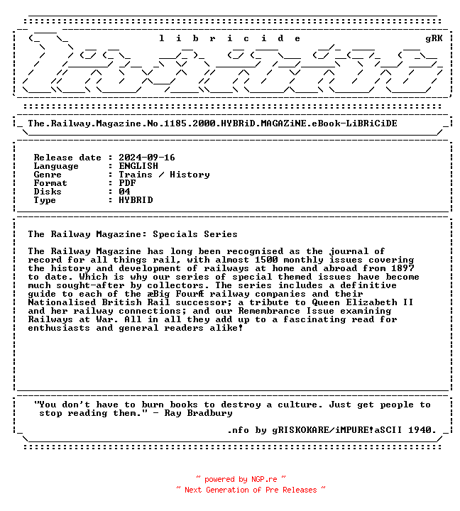 NFO for the release The.Railway.Magazine.No.1185.2000.HYBRiD.MAGAZiNE.eBook-LiBRiCiDE by LiBRiCiDE