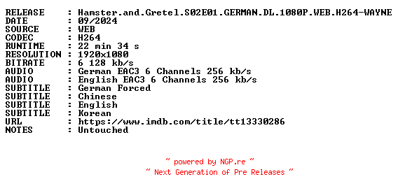 NFO for the release Hamster.and.Gretel.S02E01.GERMAN.DL.1080P.WEB.H264-WAYNE by WAYNE