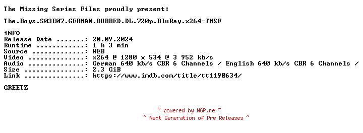 NFO for the release The.Boys.S03E07.GERMAN.DUBBED.DL.720p.BluRay.x264-TMSF by TMSF