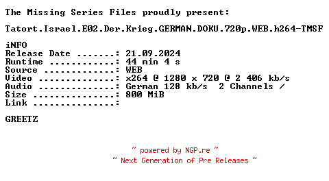 NFO for the release Tatort.Israel.E02.Der.Krieg.GERMAN.DOKU.720p.WEB.h264-TMSF by TMSF