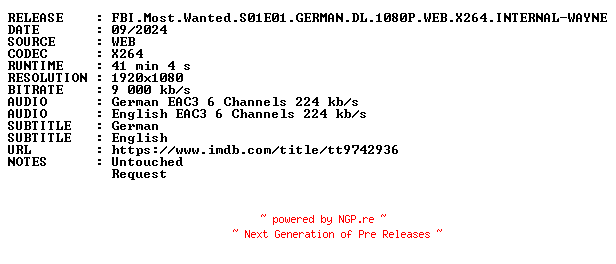 NFO for the release FBI.Most.Wanted.S01E01.GERMAN.DL.1080P.WEB.X264.INTERNAL-WAYNE by WAYNE