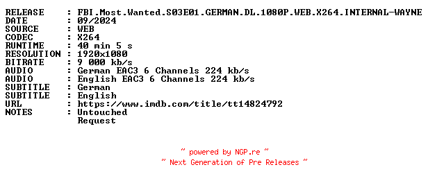 NFO for the release FBI.Most.Wanted.S03E01.GERMAN.DL.1080P.WEB.X264.INTERNAL-WAYNE by WAYNE